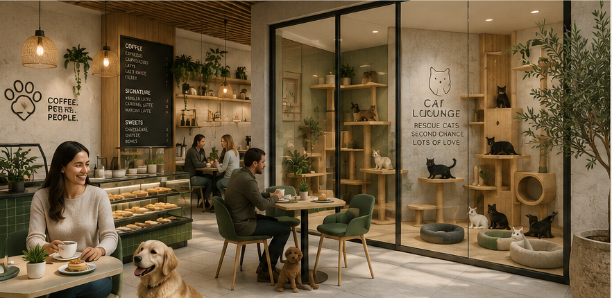 Интерьер pet-friendly кофейни с отдельной кошачьей гостиной